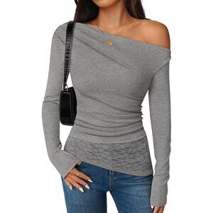 Women's Grey Long Sleeve Off Shoulder Tops Casual Boat Neck Lace Shirts Blouses
